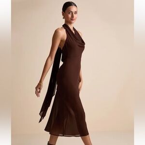 Lulu's Chic Brown Draped Cowl Neck Dress